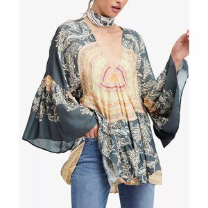 Free People Sunset Dreams Tunic Top XS Gray Mandela Boho V-Neck Bell Sleeve